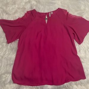 Pink blouse/shirt.  Lace insert in sleeves.  Sheer